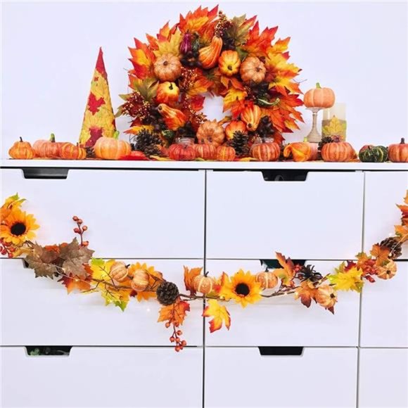 2 Pack Fall Maple Leaf Garland - 6ft/Piece Artificial Berries Sunflower Pumpkin - Picture 5 of 7